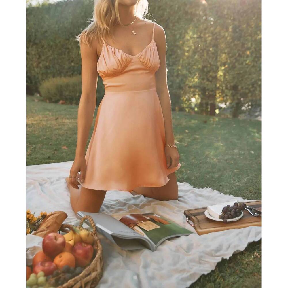 NEW ENDLESS BLU. satin smocked midi dress in apricot